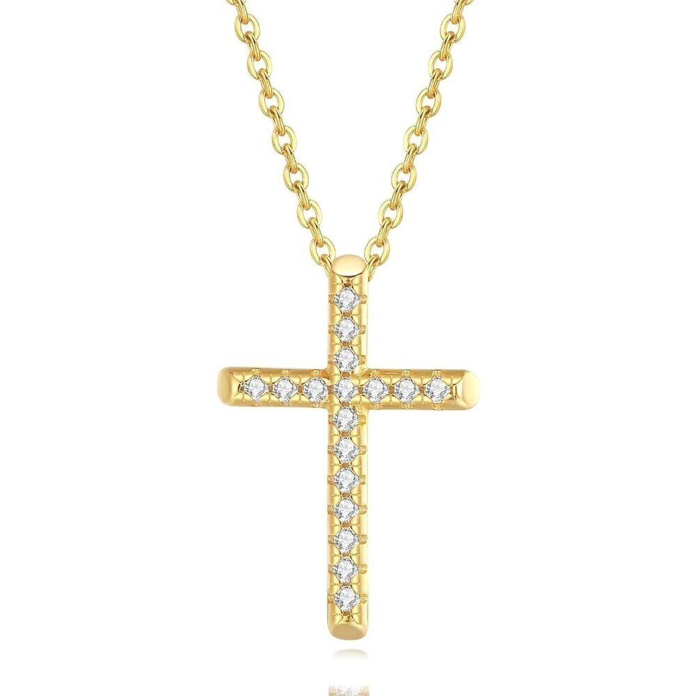 🆕 Women Gold Diamond Cross Necklace Small Sterling Cubic Zirconia Stone Jewelry